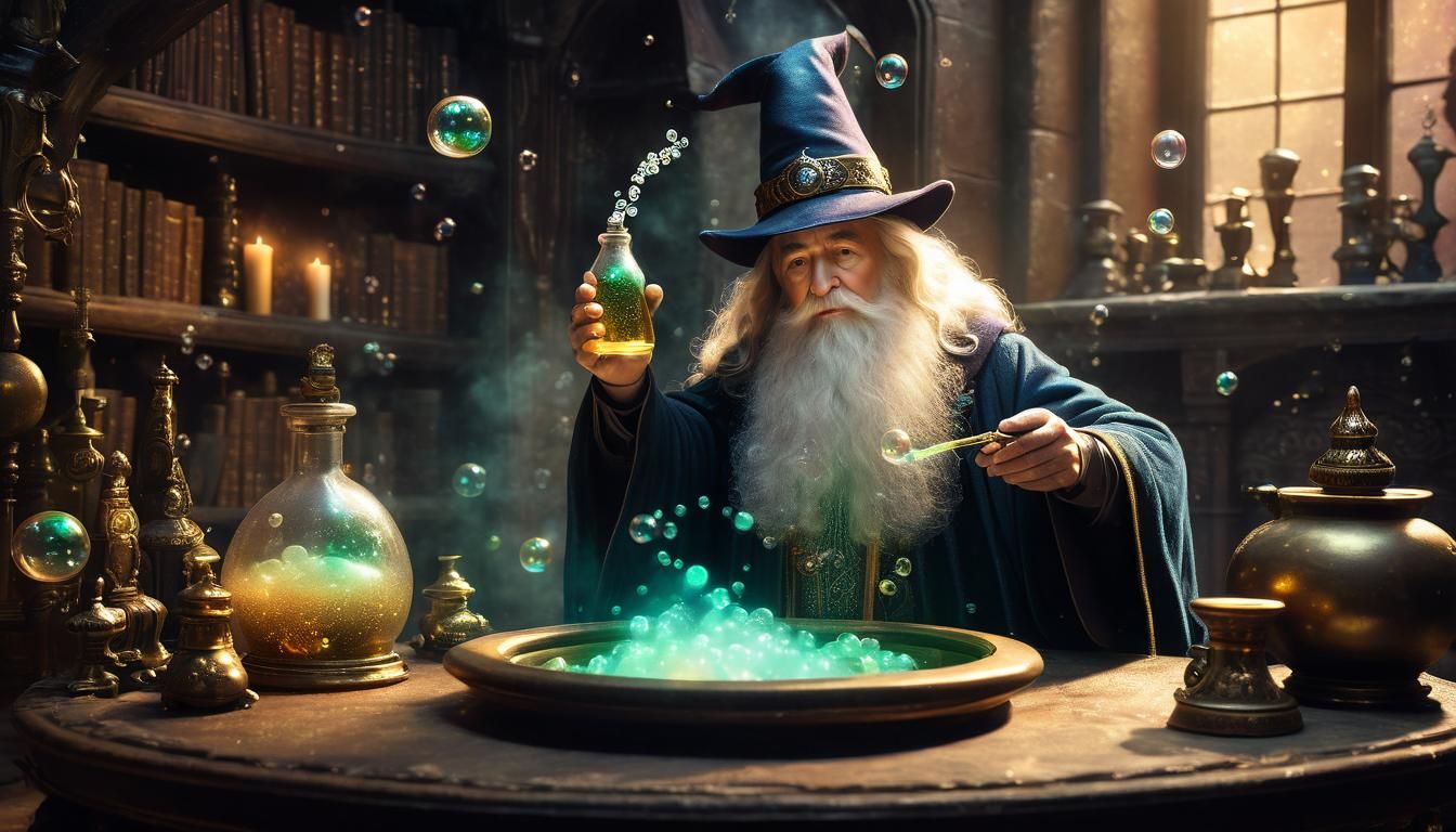 Whimsical Wizard Surrounded by Bubbles in Soft Focus