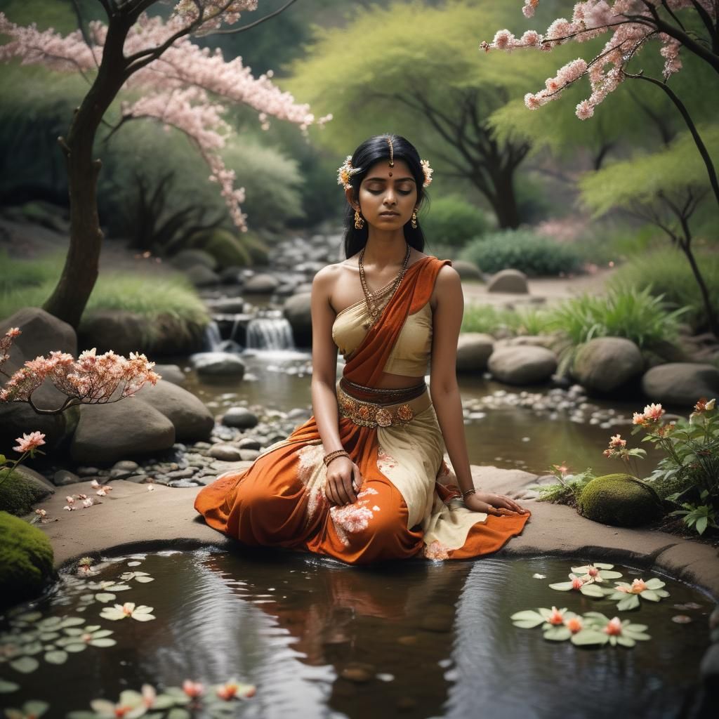 Indian Fairy in Zen Garden with Blossoms
