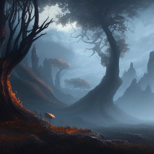 Detailed Matte Painting of a Solitary Black Tree