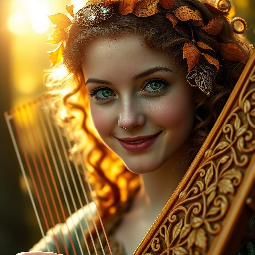 Celtic Princess with Golden Harp, Art Nouveau Style