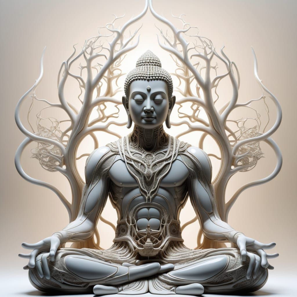Biomorphic Figure in Serene Buddha Pose, Giger-Inspired