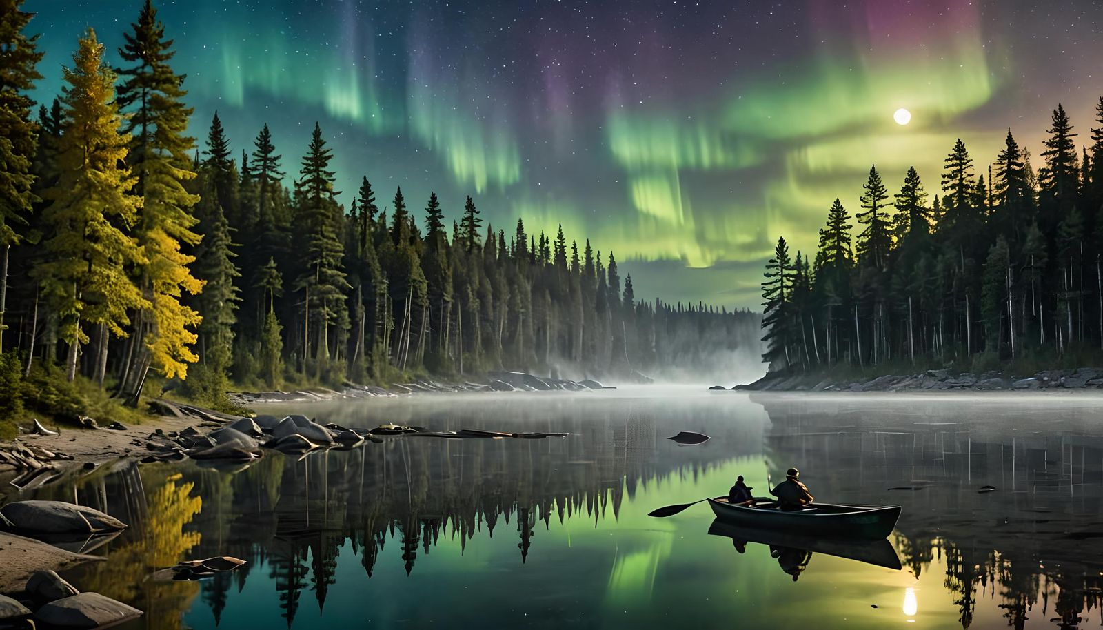 Canadian Lake at Night: Northern Lights Reflection