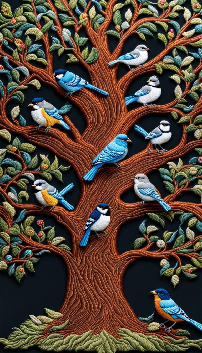 Majestic Tree Full of Fluffy Songbirds in 3D