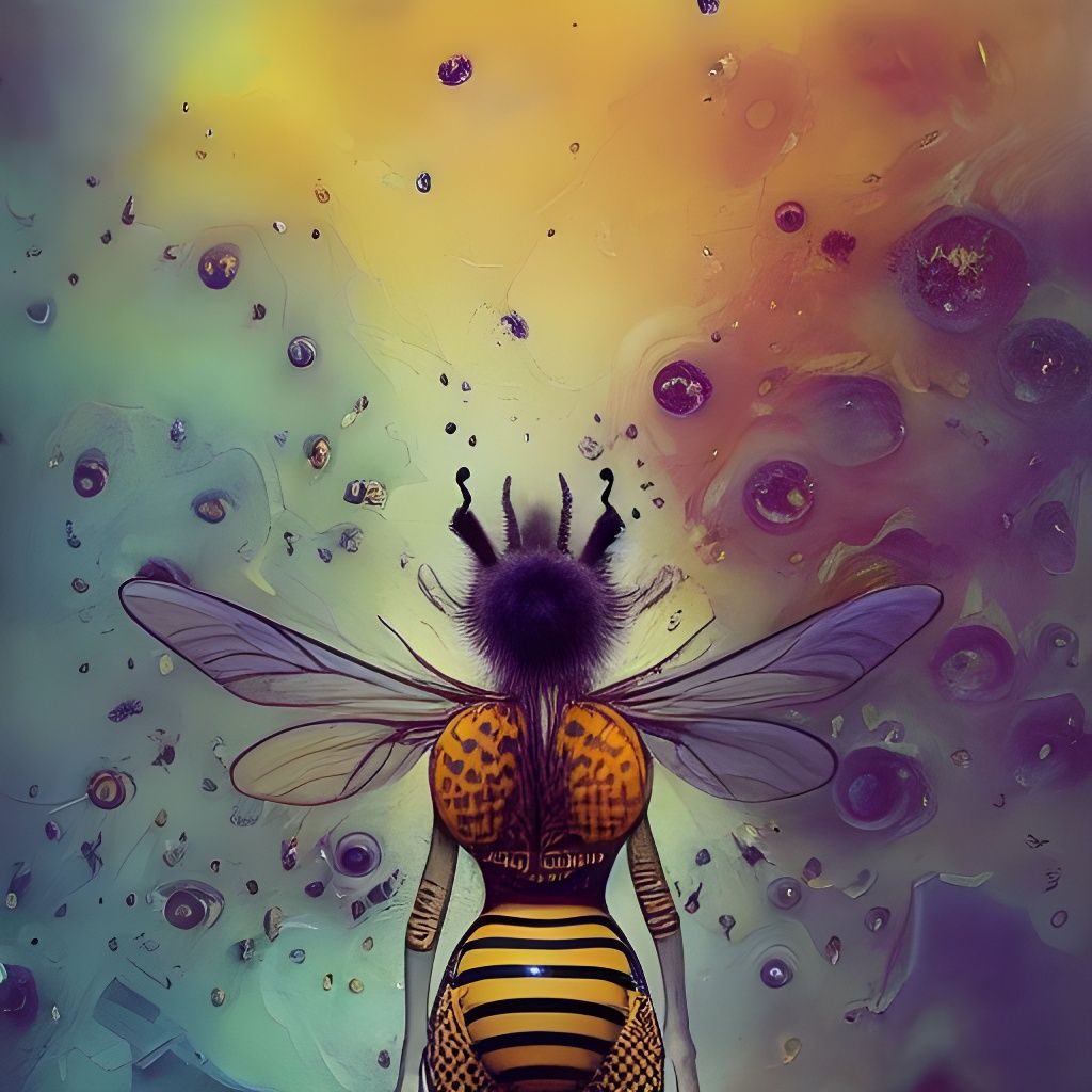 Bee Goddess on Honeycomb Platform in Mixed Media Style