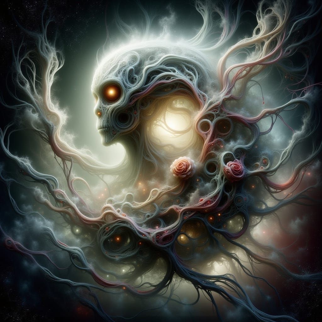 Cosmic Sphere with Alien and Rose, in Art Nouveau Style