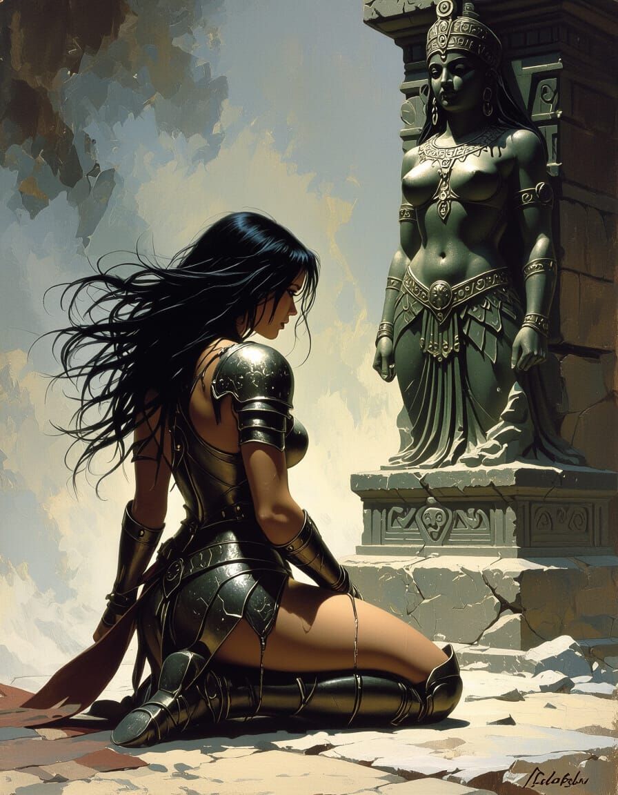 Heroic Fantasy: Armored Woman at Goddess Statue