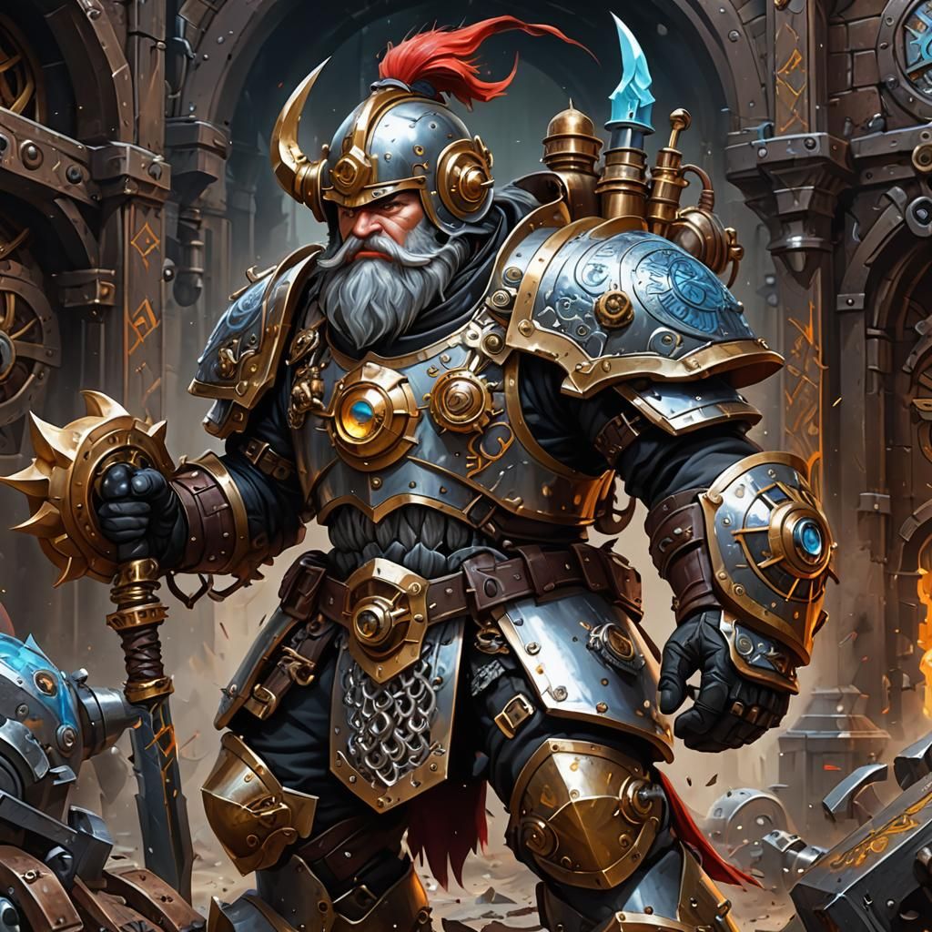 Dwarf Cleric in Battle with Steampunk Engine Details