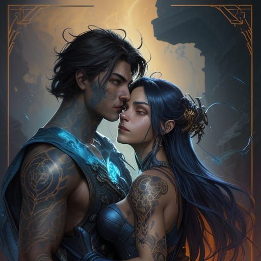 Teen Couple with Celestial Tattoos in Misty Ruins