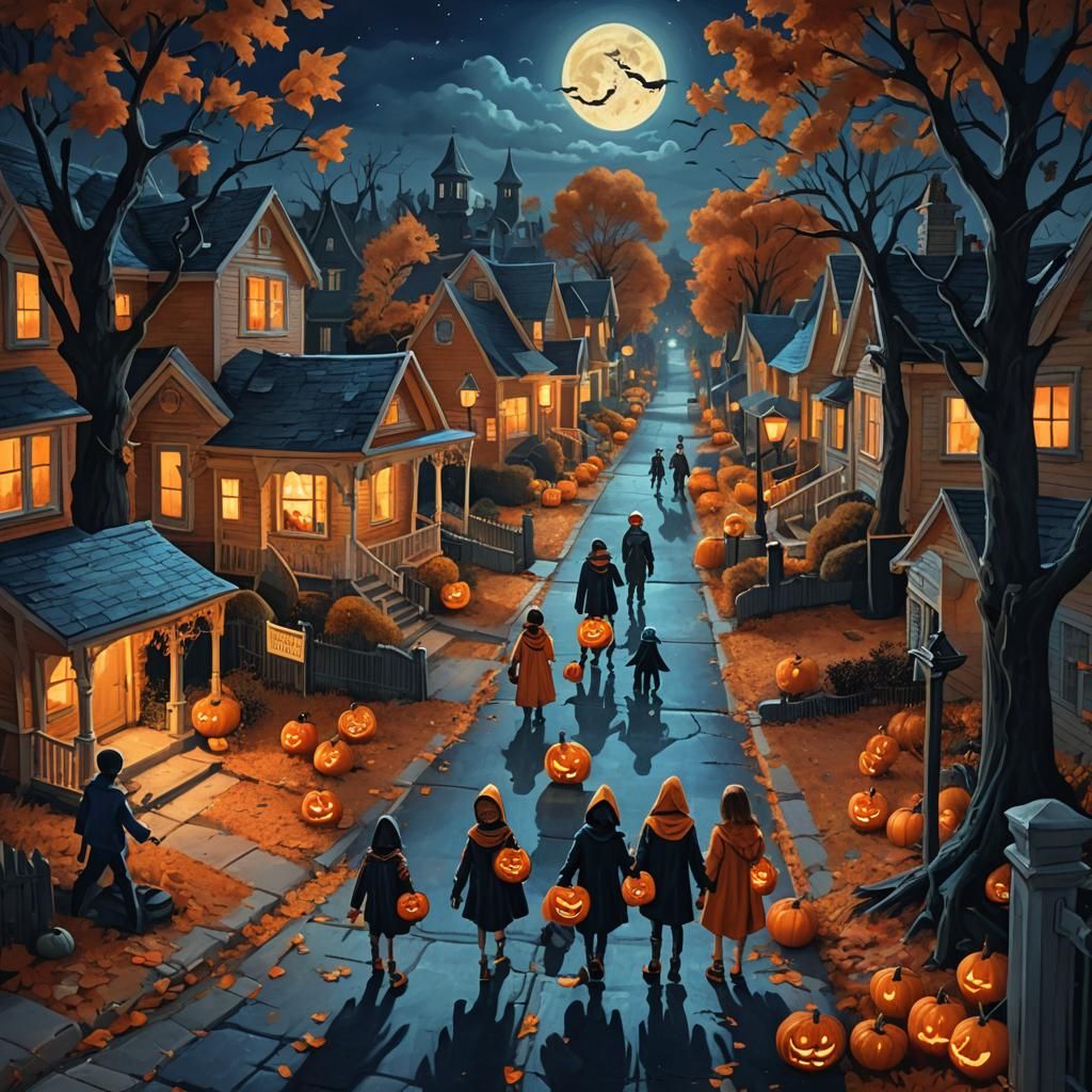 Eerie Halloween Street Scene in Surreal Oil Painting