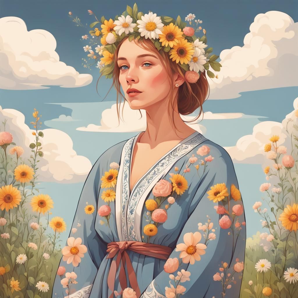 Woman in Midsommar Robe Cartoon Style