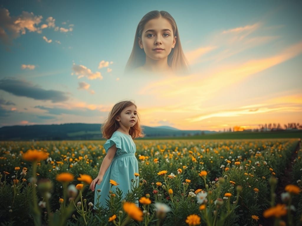 Idyllic Countryside Scene with Child and Angelic Figure