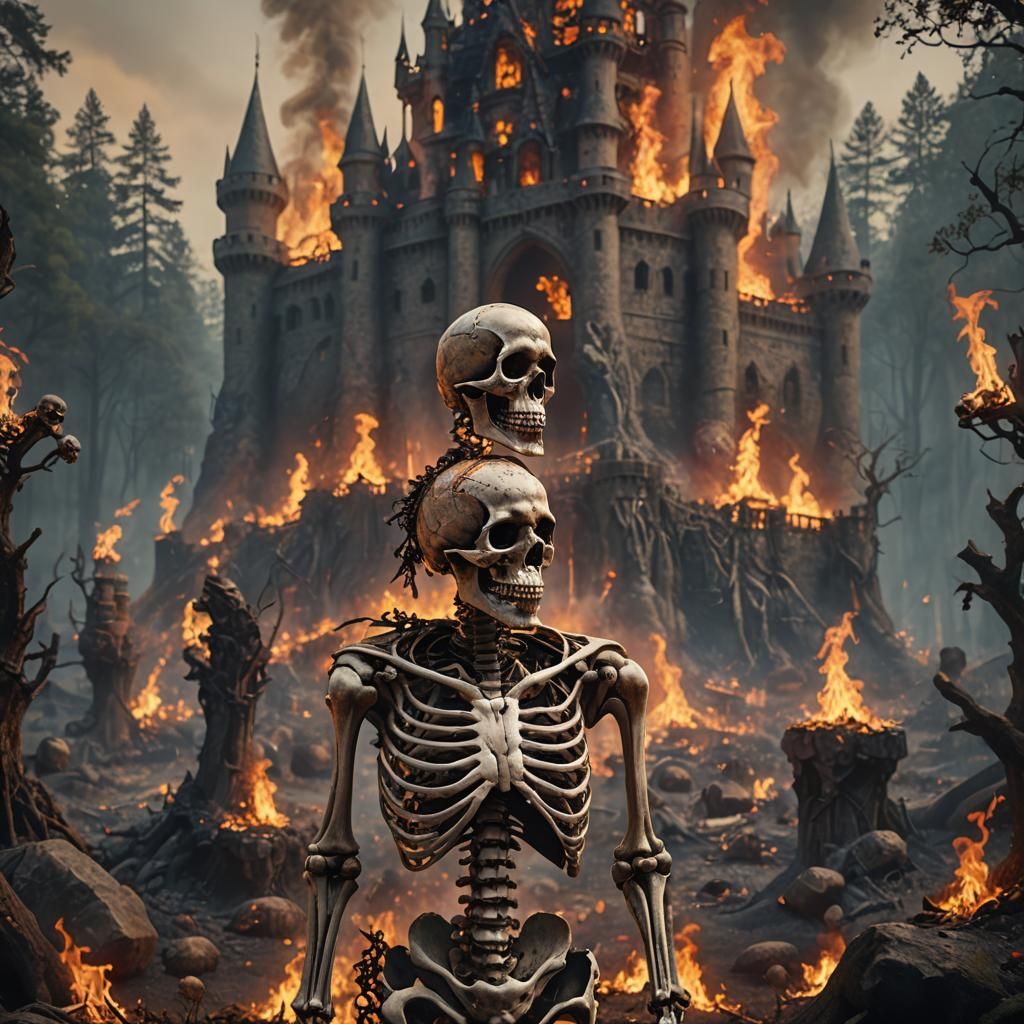 Skull Skeleton with Burning Castle, Matte Painting
