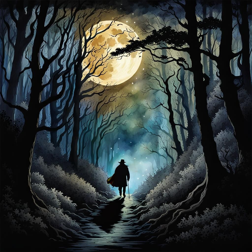 Dark Forest Traveler in Moonlight: Watercolor and Ink