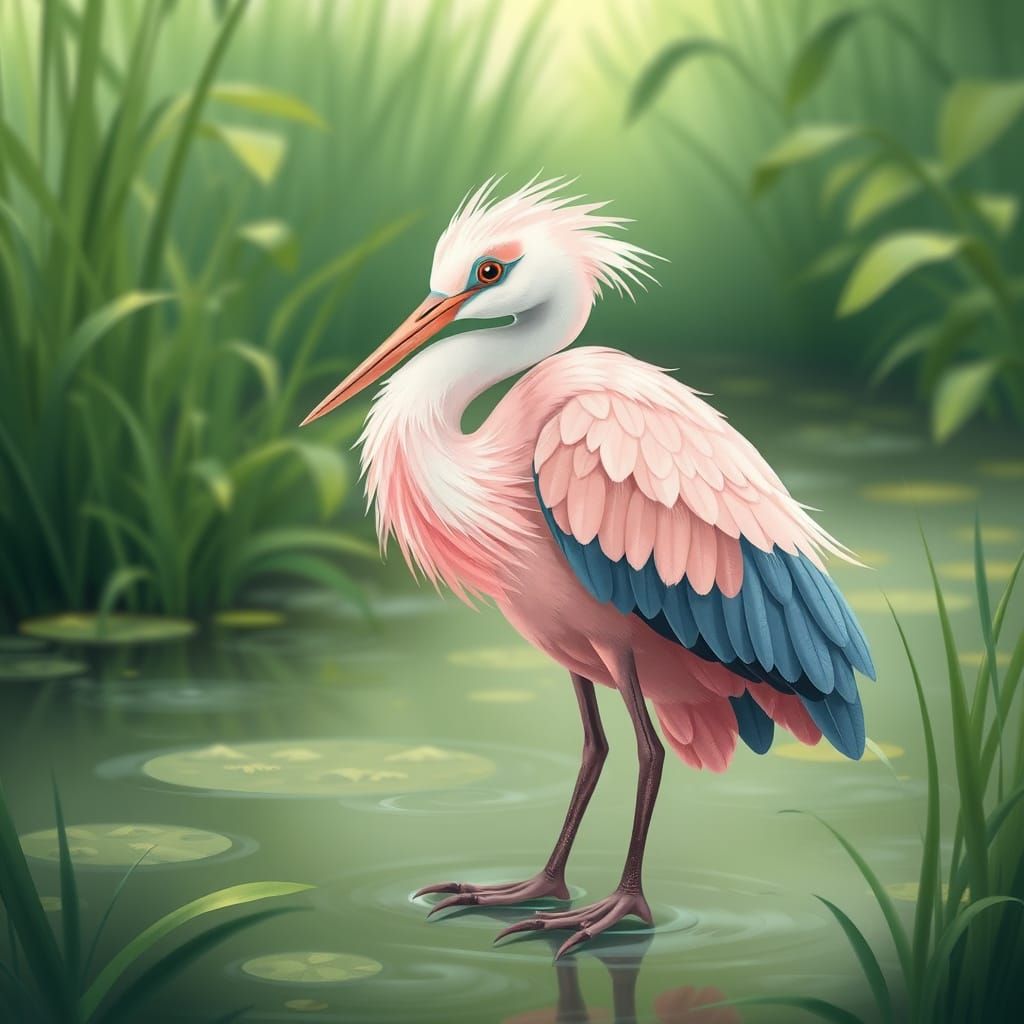 Pastel Pink and Blue Heron in Wetland Scene