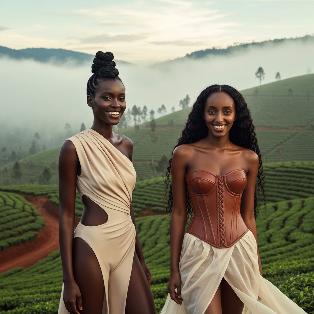 Burundi Sunrise: Elegant Women on Misty Tea Plantations