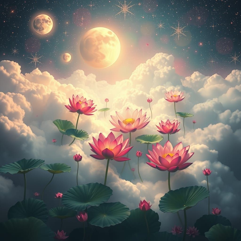 Surreal Cloudscapes: Vibrant Lotus Blooms in Ethereal Paradi...