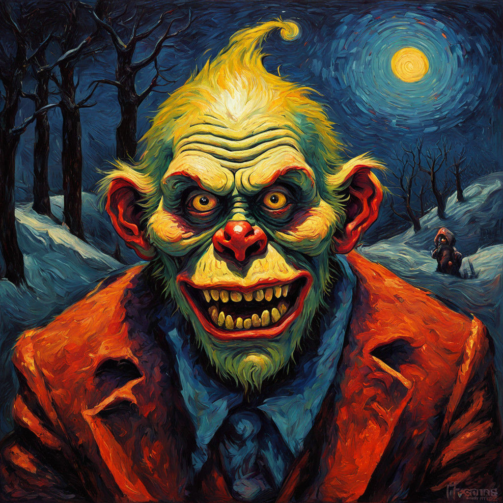 Expressionist Elf Maniac Grinning in a Twisted Winter Wonder...