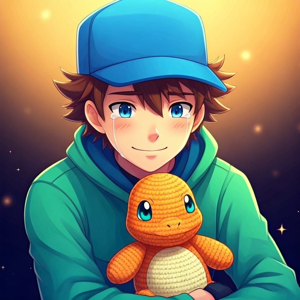 Affectionate Pokemon Trainer with Crocheted Charmander Plush