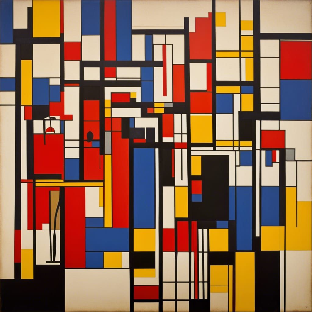 Art by Piet Mondrian, a lively jazz club, geometric abstraction of musicians, patrons, intersecting lines, primary color...