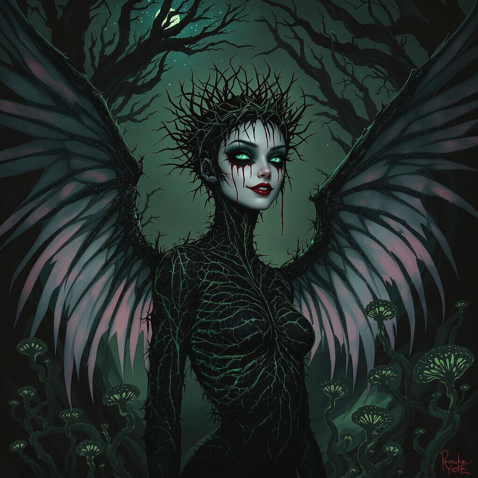 Twisted branches claw at the bruised twilight sky, a horror forest choked with gnarled, ancient trees. Amidst phosphores...