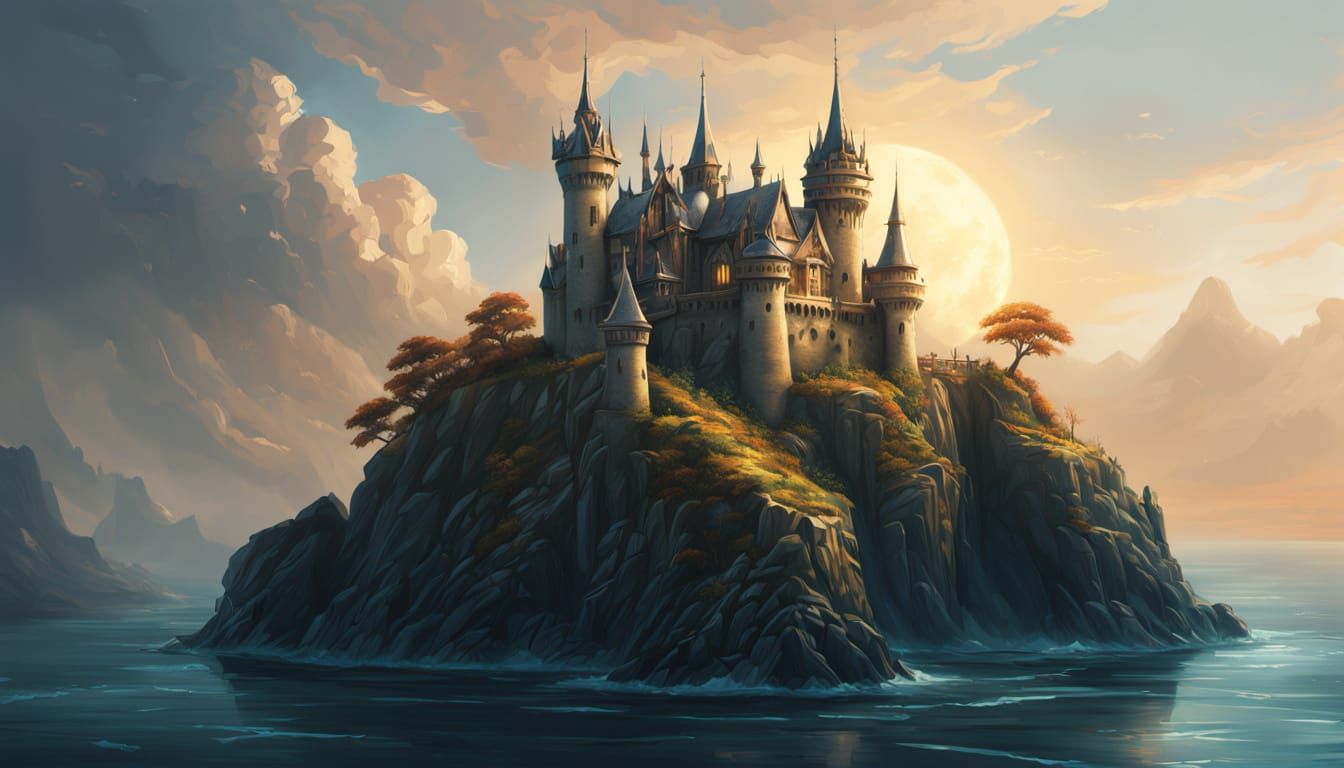 Elven Castle Overlooking Ocean in Baroque Oil Painting Style
