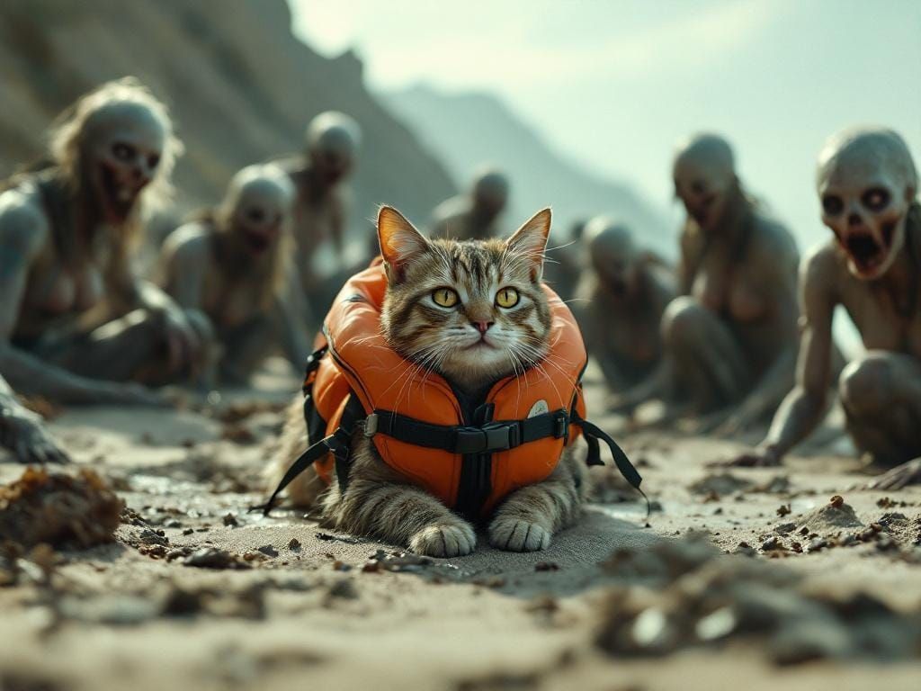 Cat Among Zombie Bathers in Dark Romanticism Style