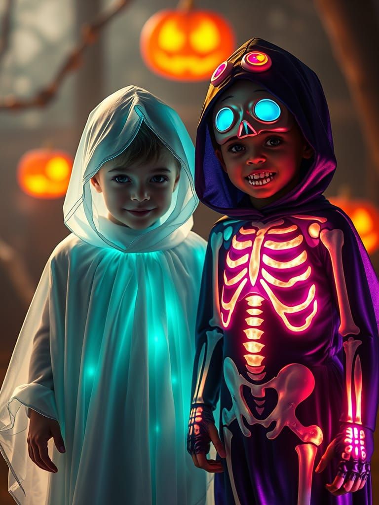 Halloween Children in Ethereal Ghost and Skeleton Costumes