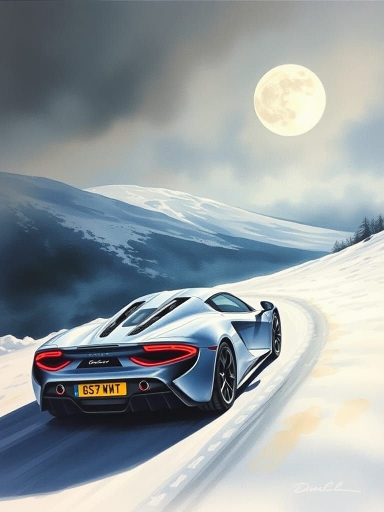 Supercar on Snowy Yorkshire Hill: Watercolor Dreamscape