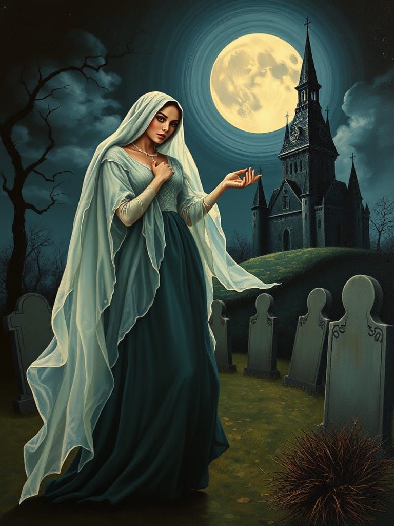 Midnight Pinup with Ethereal Ghost in a Retro Graveyard