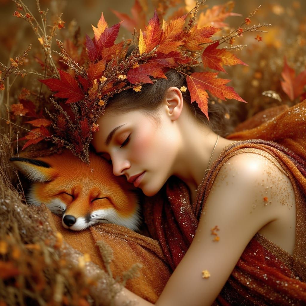 Sleeping Princess in Autumn Landscape, Hyperdetailed Portrai...