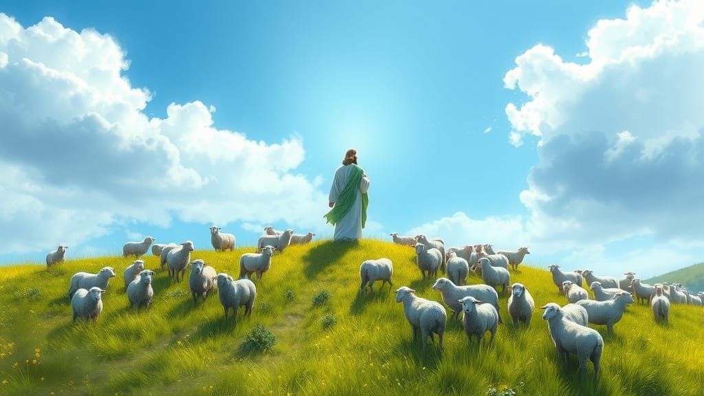Peaceful Shepherd Scene in Whimsical Watercolor Style