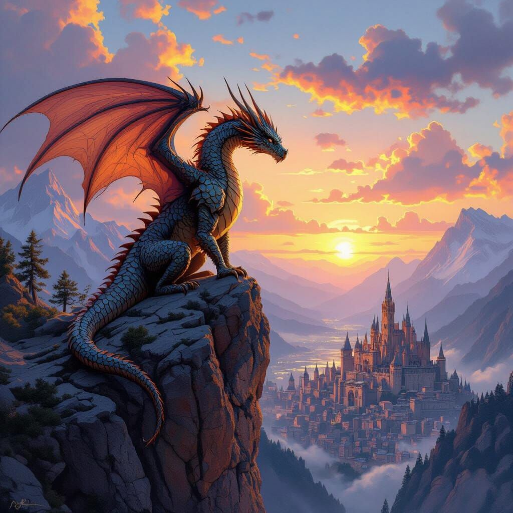 Dragon Overlooking Medieval City at Sunset