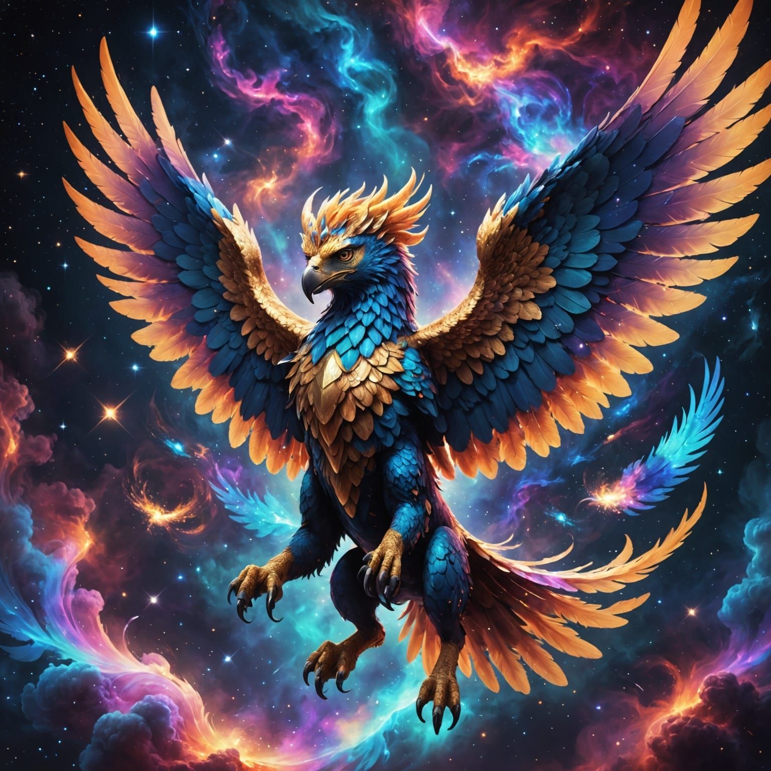 Celestial Griffin Soaring Through Nebula, Fantasy Concept Ar...