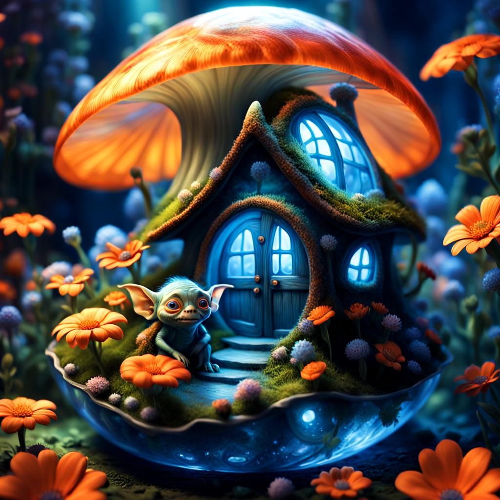 Tiny Goblin in Snail Shell Home Amidst Glowing Flowers