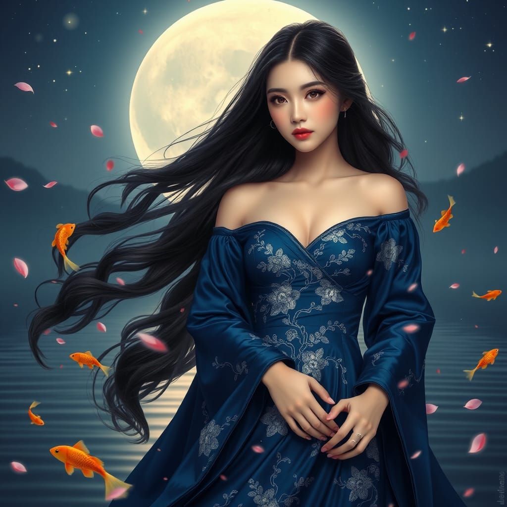 Moonlit Asian Woman in Silk Gown