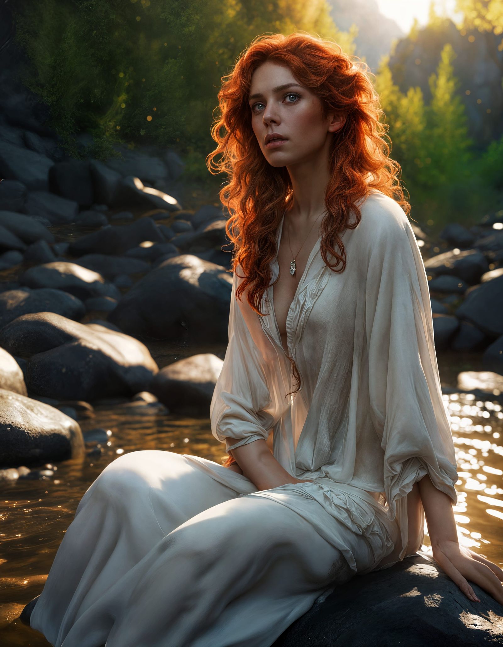 Red-Haired Woman Sits by River in Cinematic Style