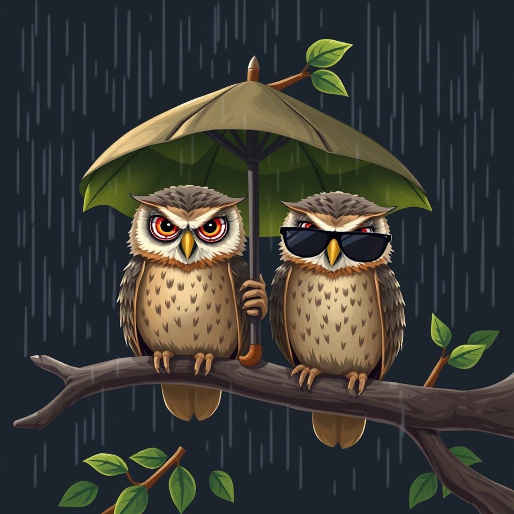 Two Grumpy Owls Find Solace Under a Rainy Tree Canopy