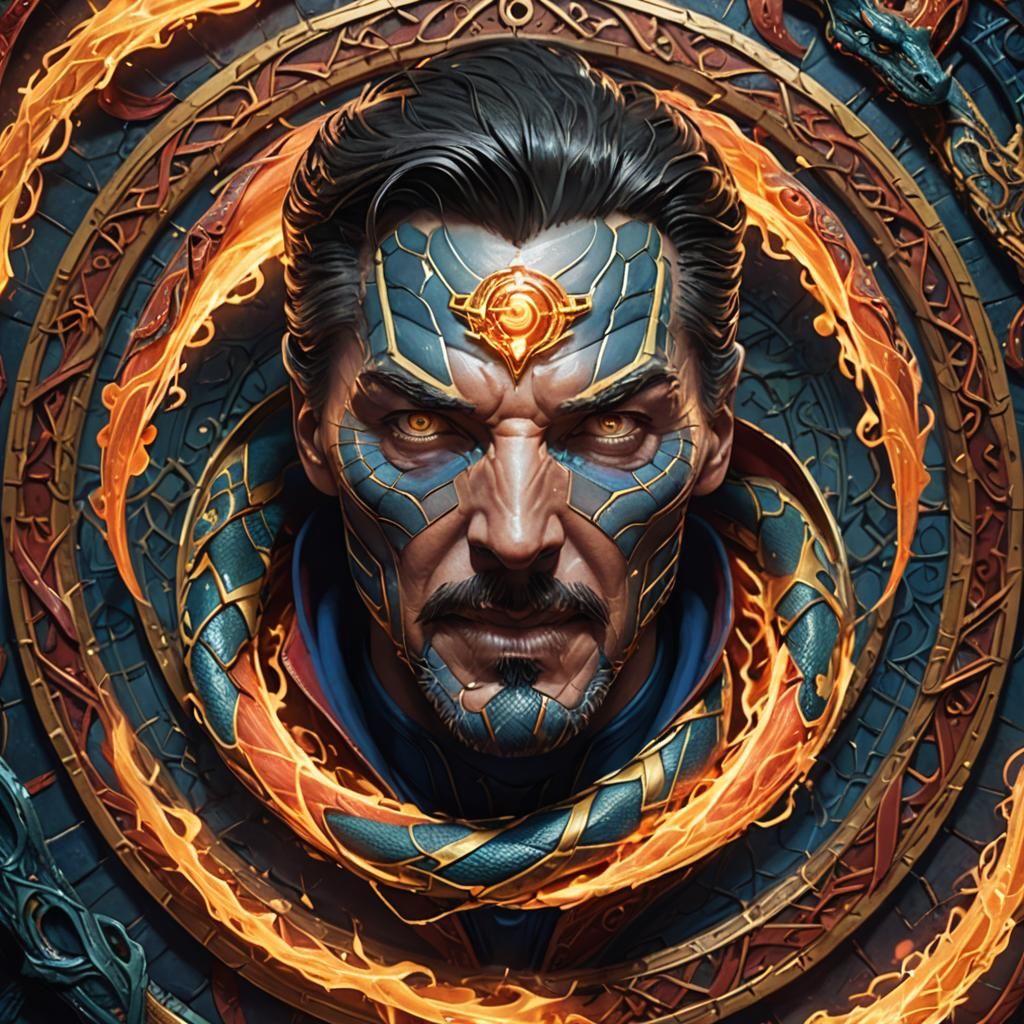 Mystical Snake Face with Fire and Water Elements