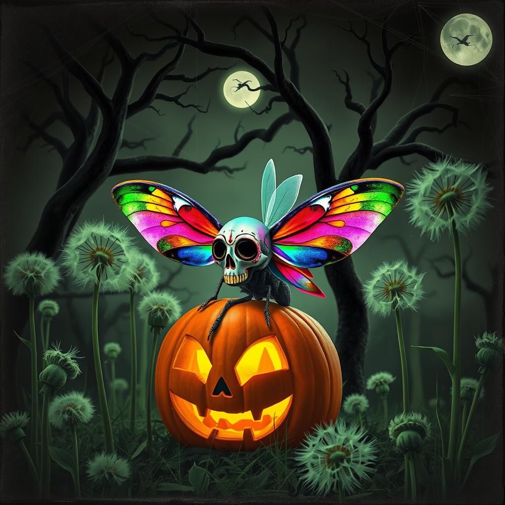 Sugar Skull Moth in Surreal Rayograph Halloween Scene