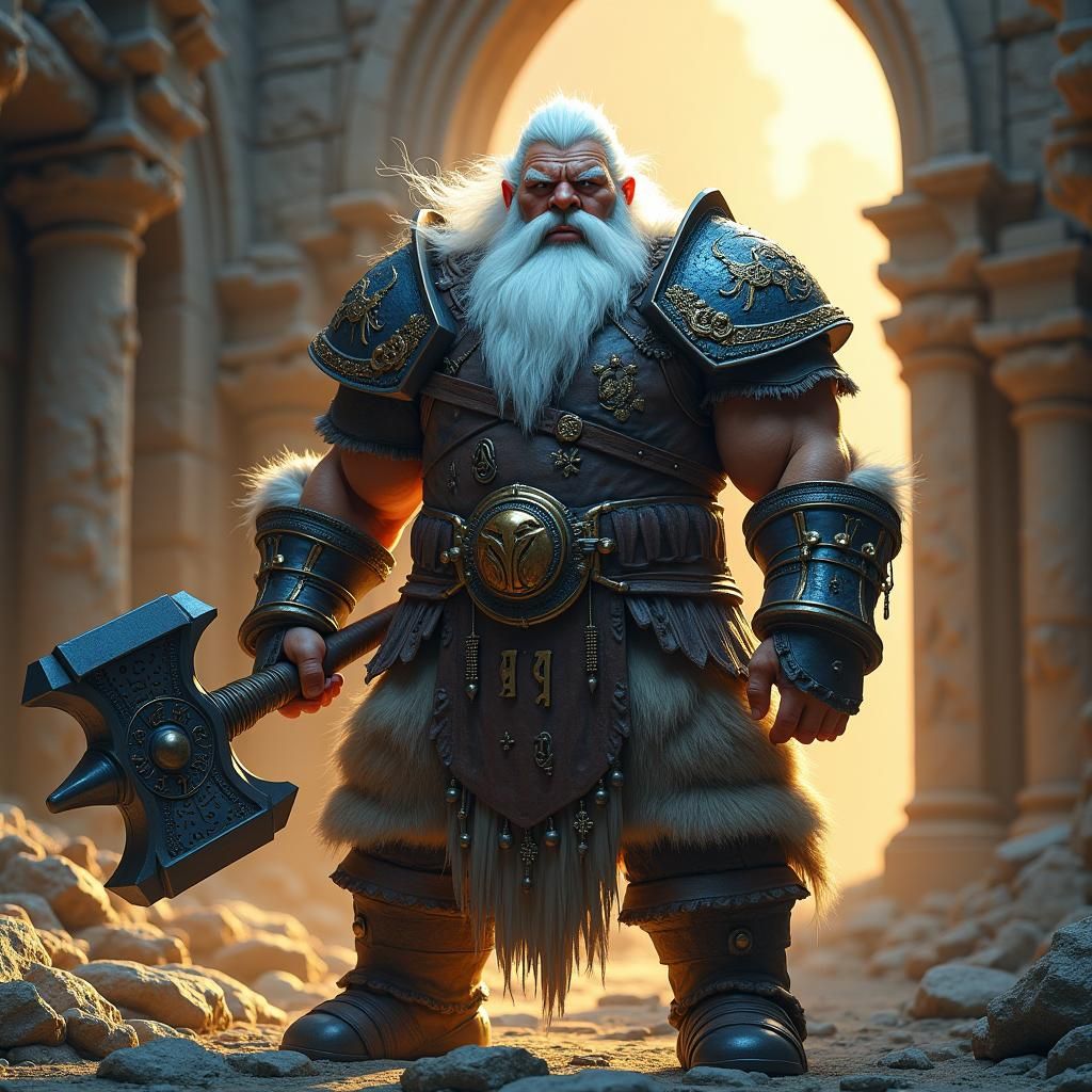 Dwarf Barbarian with War Hammer in Ancient Ruins