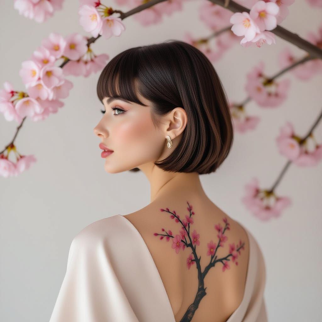 Woman with Sakura Tattoo in Dreamy Pink Garden