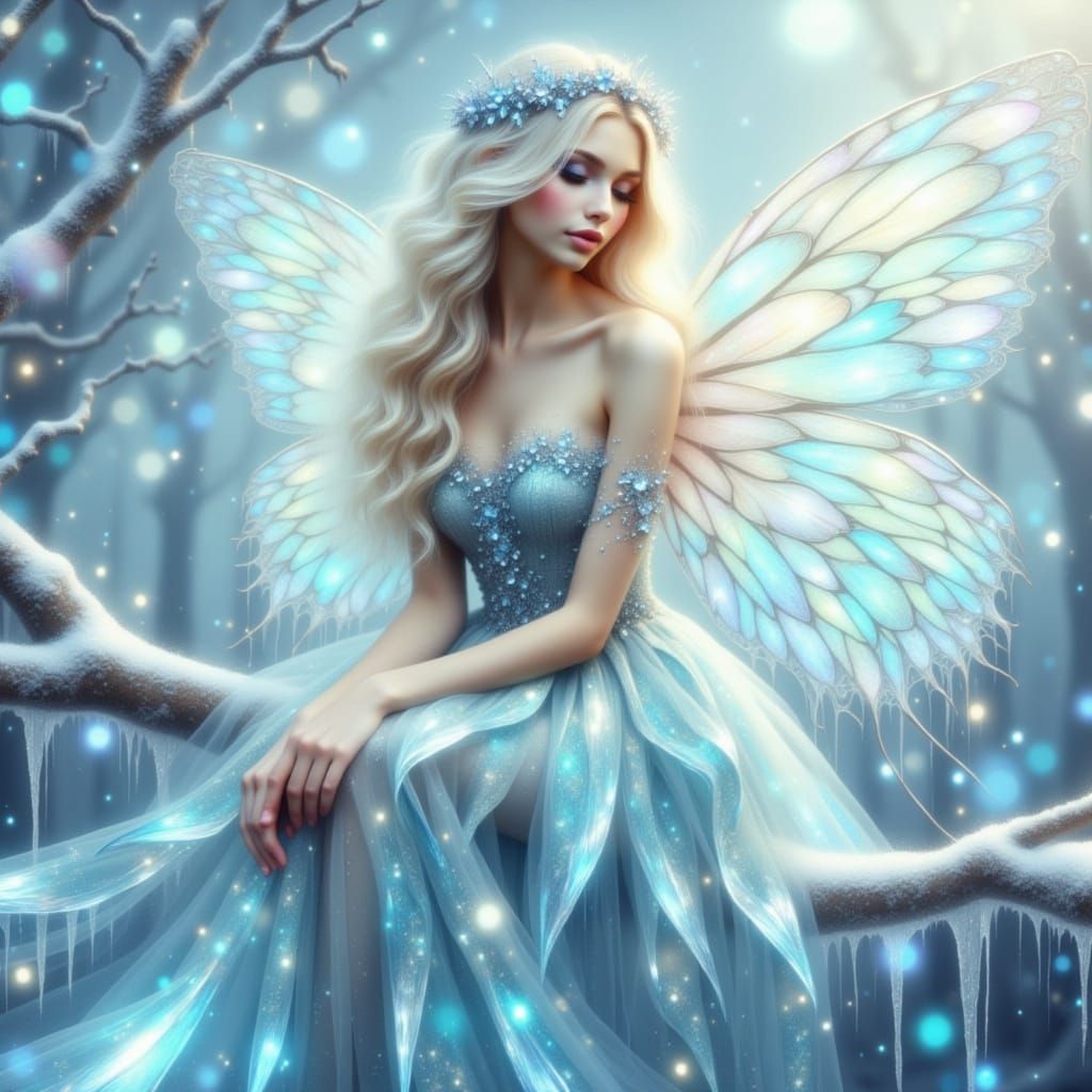 A delicate, ethereal fairy, approximately in her late teens, with fair skin and flowing, platinum blonde hair styled wit...