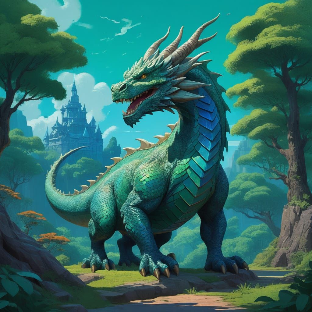 Whimsical Dragon in Emerald Fantasy Landscape