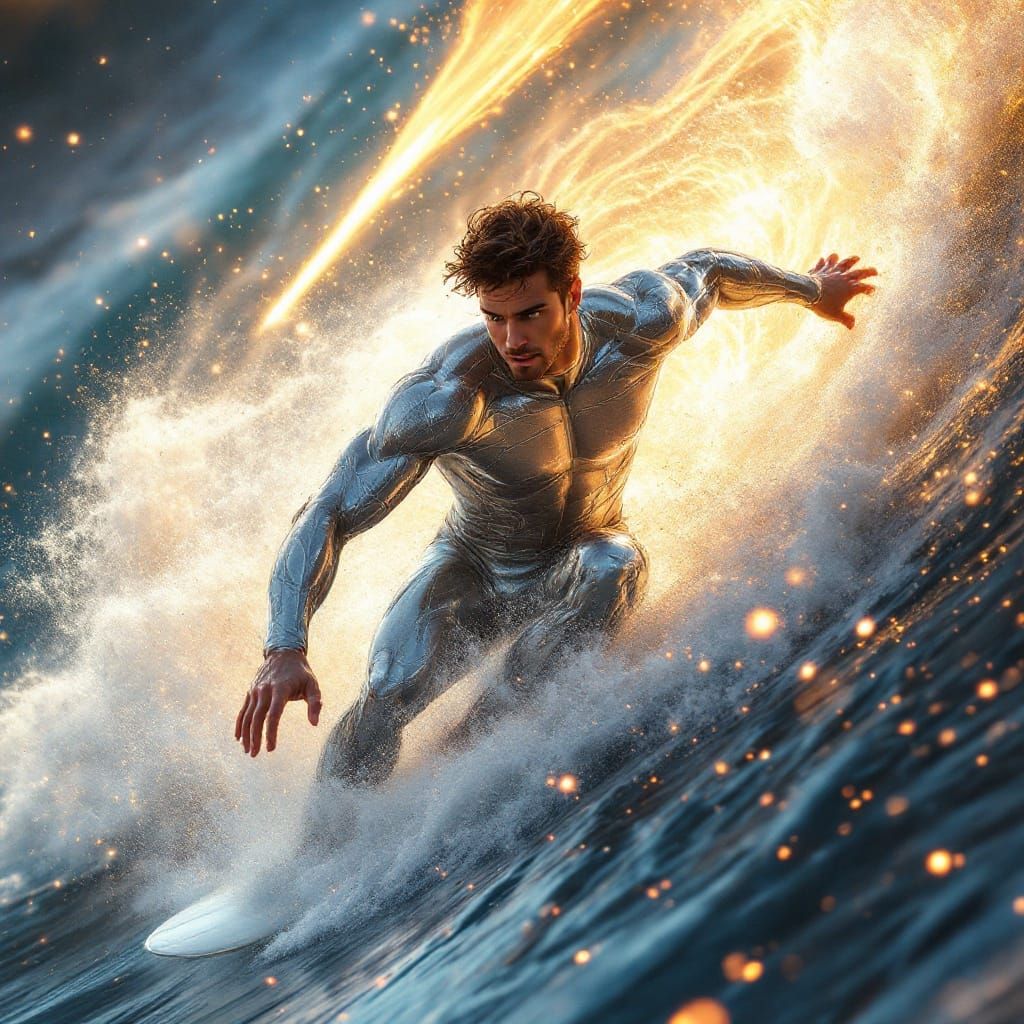 Worm's eye view of a kawaii hunky dude surfer made from intricate fluttering silver filaments, gliding gracefully along ...