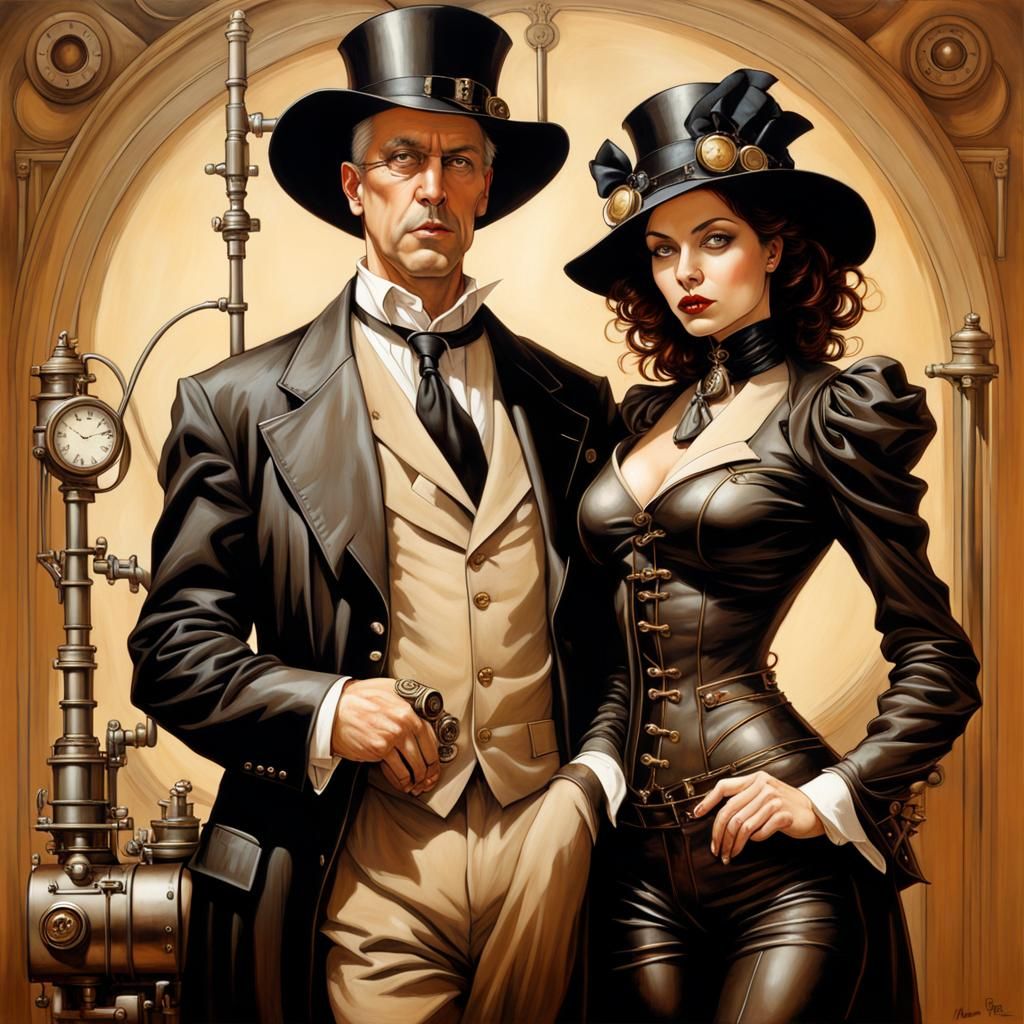 Gothic Steampunk Detective Couple in Oil Painting Style