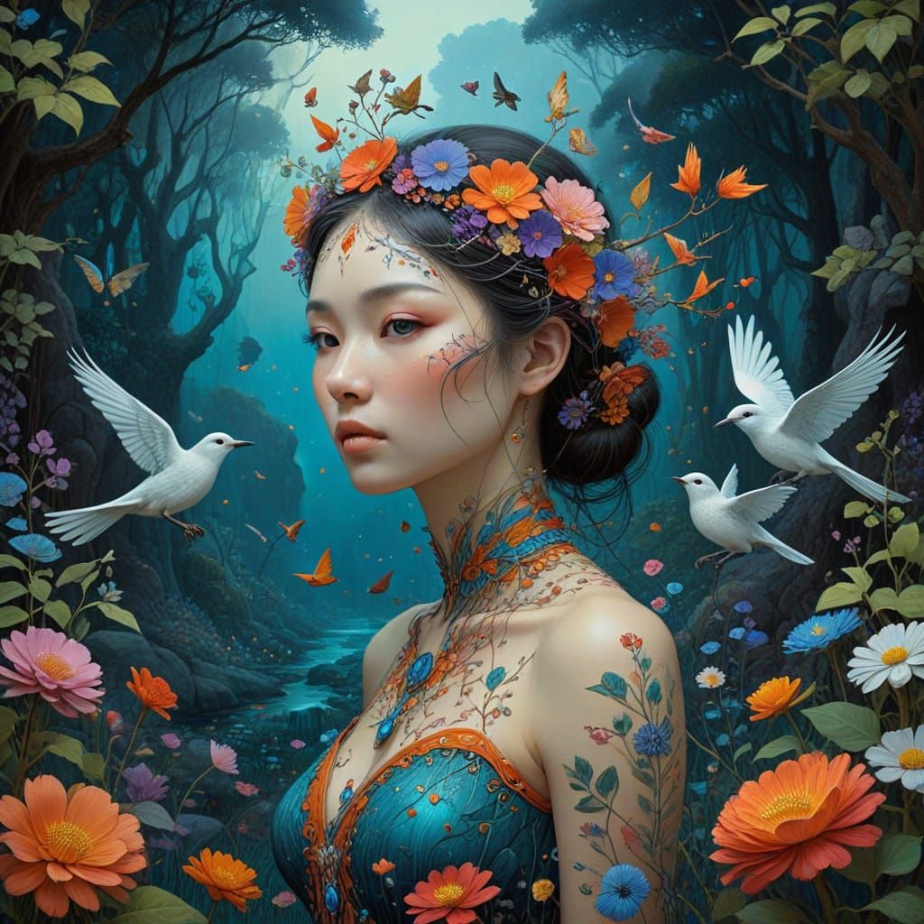 Surreal Bird Goddess in Whimsical Prehistoric Realm