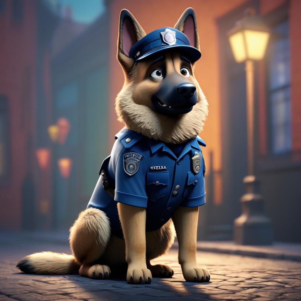 German Shepherd Police Detective in Pixar Style