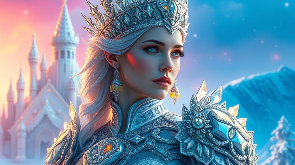 Regal Ice Queen in Vibrant, Hyperrealistic Armor