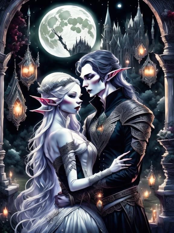 Gothic Elf Couple in Moonlit Rose Garden