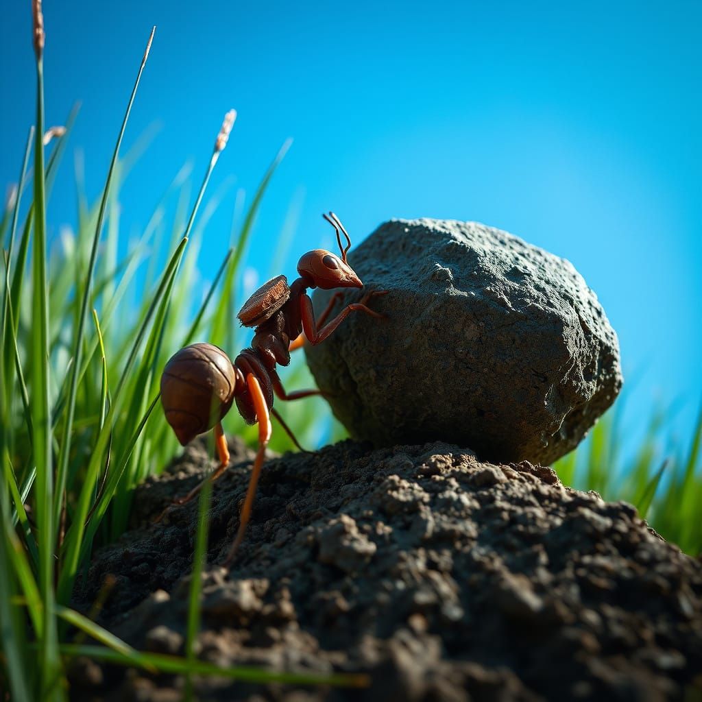 Ant Pushing Boulder Uphill: Hyperrealistic Digital Art